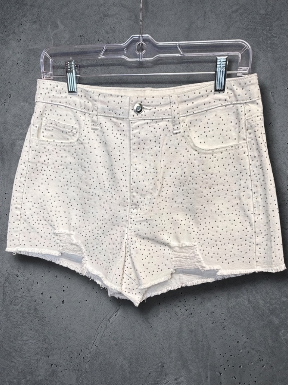 GB White Rhinestone Denim Shorts High Waisted Distressed Frayed Hem Large